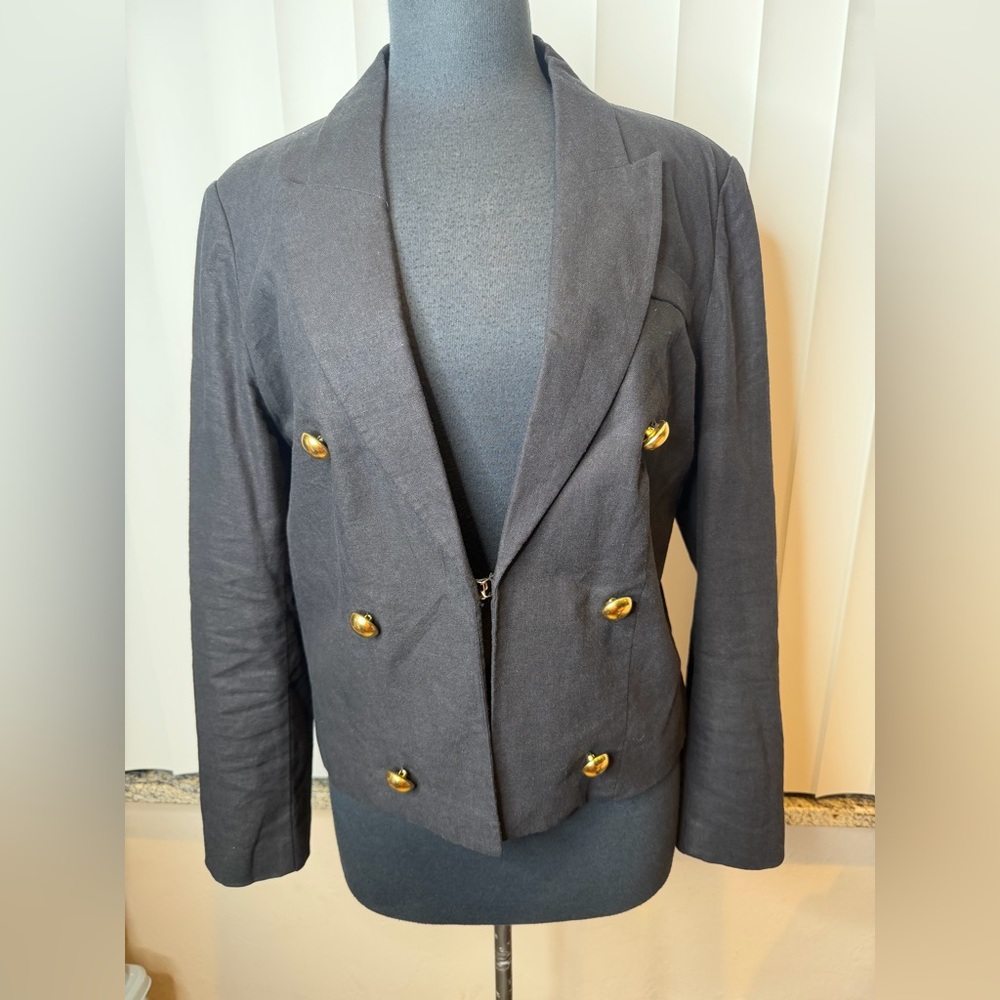 Halston Women's Black Linen Blend Blazer Gold Buttons Size Medium